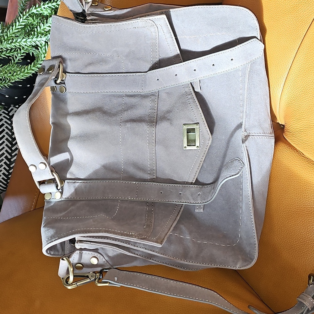 Grey Suede Like Crossbody Satchel